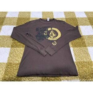 Volcom Mens Brown Waffle Knit Thermal Long Sleeve Graphic Shirt Size M Y2K Skate